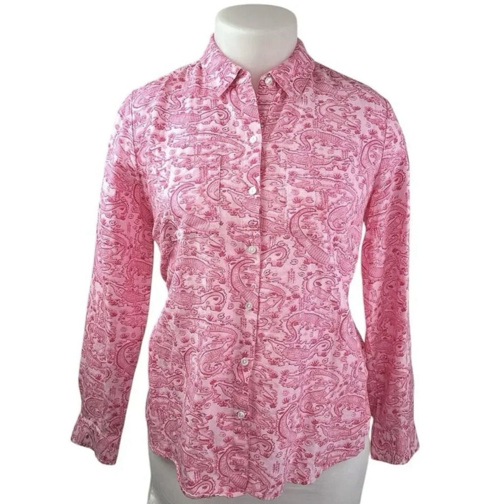Charter Club Luxury Pink Button Up Top Size L Alligator Print Preppy Old Money